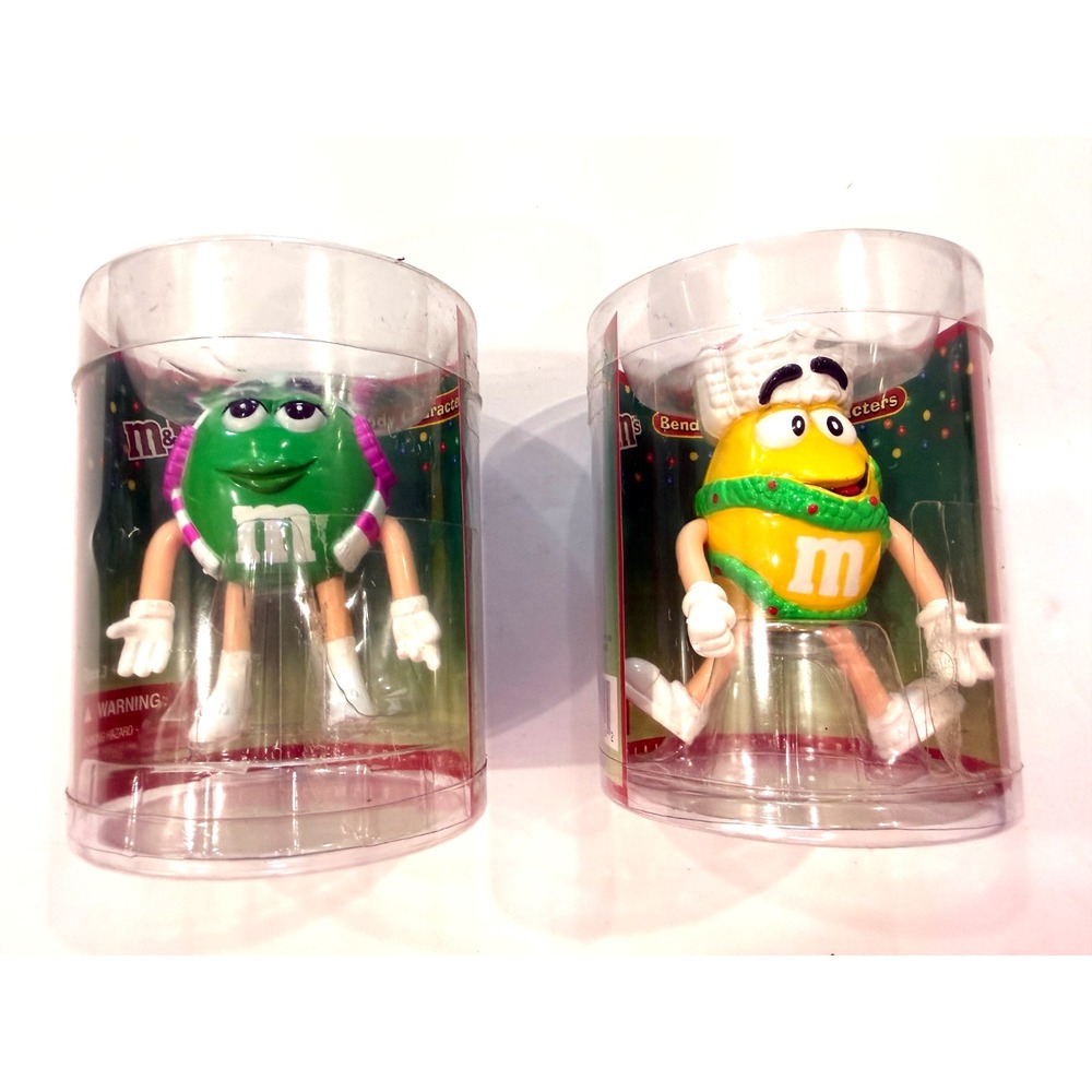 M&M's Green Yellow Bendable Characters Christmas Holiday Figures 2004 NEW Bundle